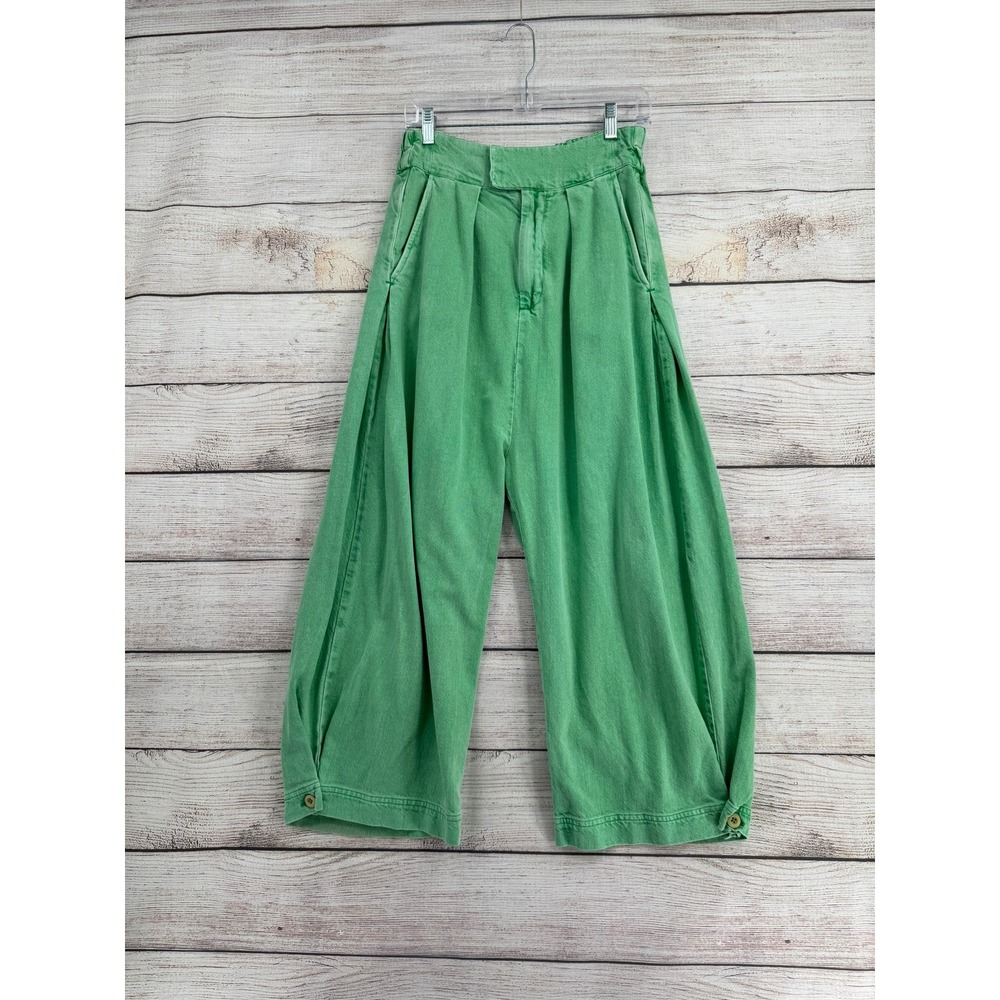 Free People Wide Leg Pants Women S Green Pleated High Rise Cropped Boho